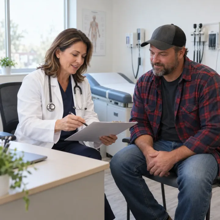 Physician reviewing a driver's medical assessment with a commercial driver